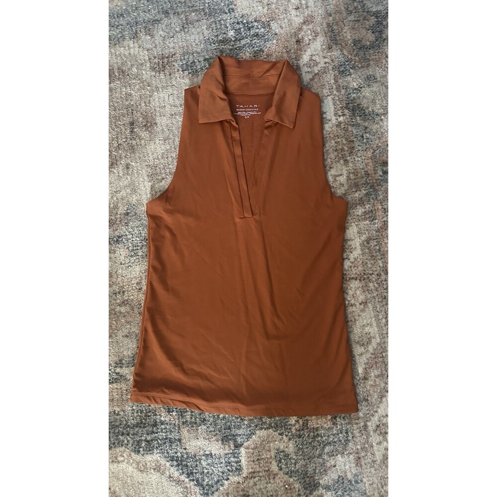 Tahari Rust Brown Sleeveless Collared V-Neck Blouse